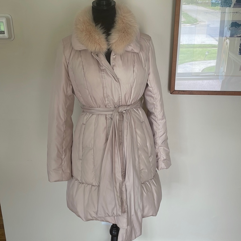 LD Prime Women’s Tie Waist Puffer Jacket with Removable Faux Fur Size Small